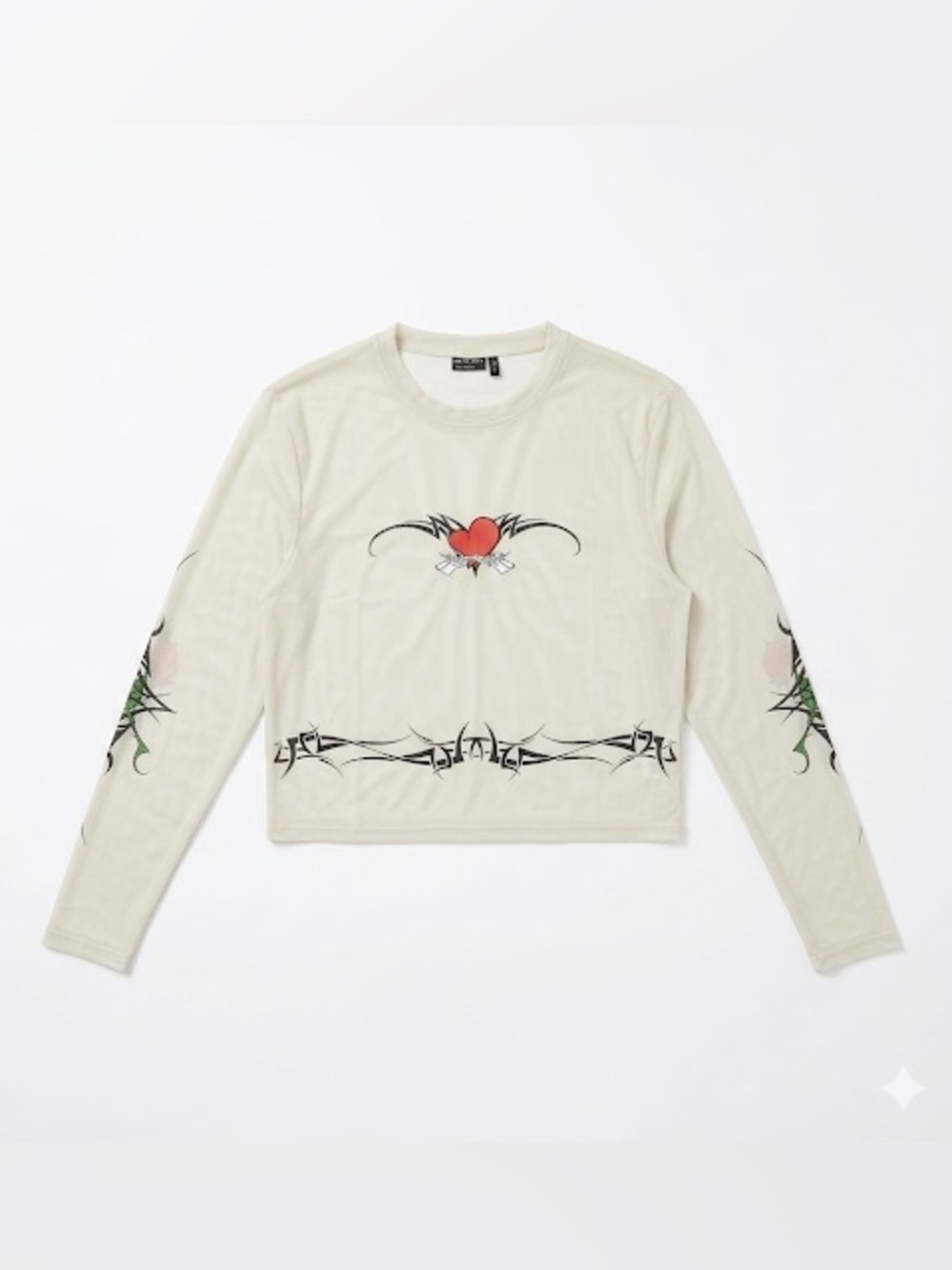 ASOS Cream Sheer Long Sleeve Tee with Red Heart and Black Tribal Accents